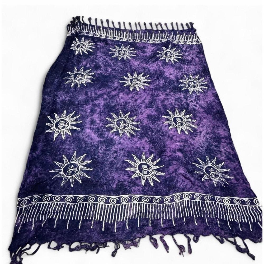 Purple Celestial Sun Moon Batik Fringe Wrap Skirt Hippie Boho Festival One Size